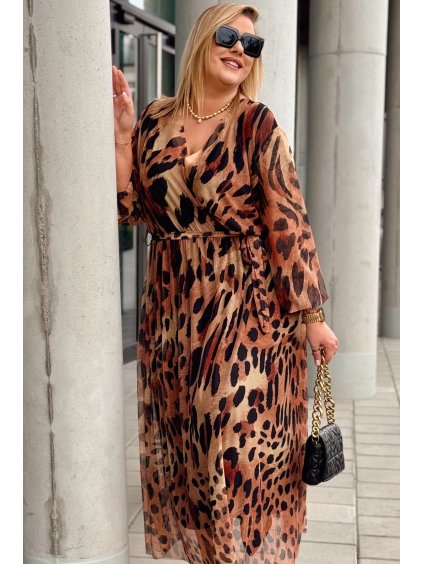 Dámske midi šaty s dlhým rukávom pre moletky Ursula hnedé s leopardím vzorom