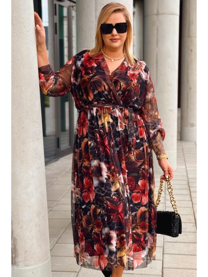 Dámske midi šaty s dlhým rukávom pre moletky Ursula kvetované