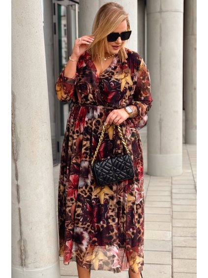 Dámske midi šaty s dlhým rukávom pre moletky Ursula kvetované s leopardím vzorom
