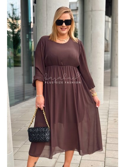 Dámske midi šaty s plisovaným topom Beluna hnedé