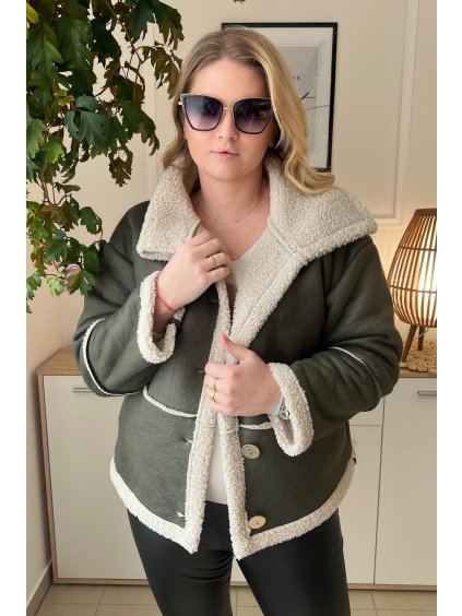 Krátka dámska prechodná bunda na gombíky s barančekom pre moletky Agnesa khaki