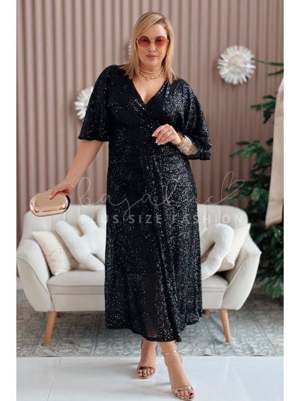 Dlhé dámske flitrované šaty s volánovými rukávmi pre moletky Lumia čierne