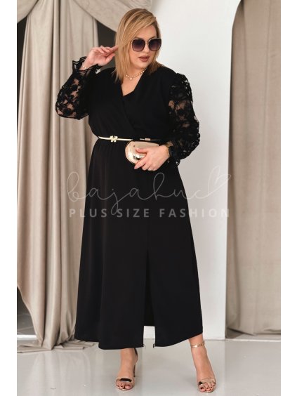 Dlhé dámske šaty s čipkovanými rukávmi a opaskom pre moletky Carlota čierne