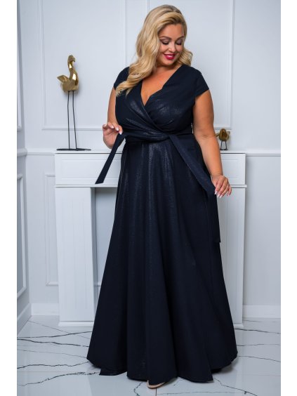 NA SKLADE Dlhé spoločenské šaty s obálkovým výstrihom aj pre moletky Celesta čierne trblietavé