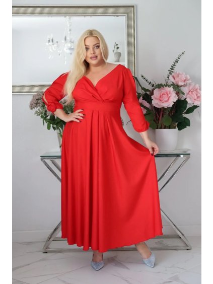 Dlhé dámske šaty s rozparkami na rukávoch pre moletky Sabine červené