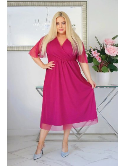 Vzdušné dámske midi šaty s tylom pre moletky Lydia fuchsiové