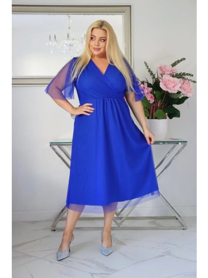 Vzdušné dámske midi šaty s tylom pre moletky Lydia kráľovské modré