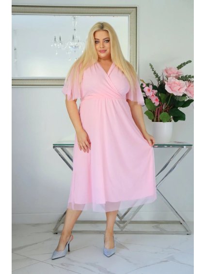 Vzdušné dámske midi šaty s tylom pre moletky Lydia púdrovo ružové