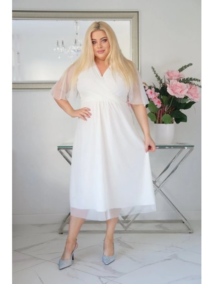 Vzdušné dámske midi šaty s tylom pre moletky Lydia biele