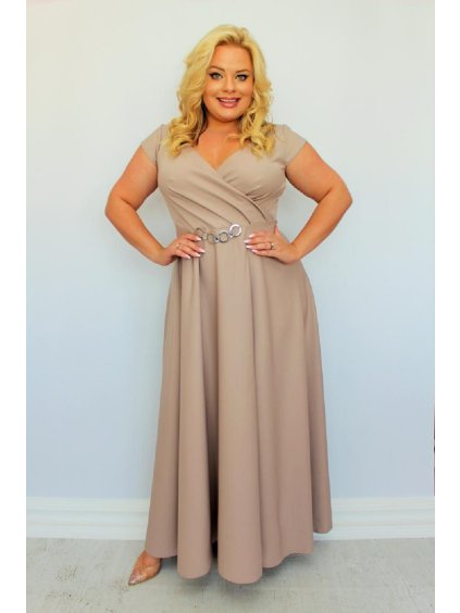 NA SKLADE Dlhé spoločenské šaty pre moletky s rozparkom a ozdobou Clarissa béžové