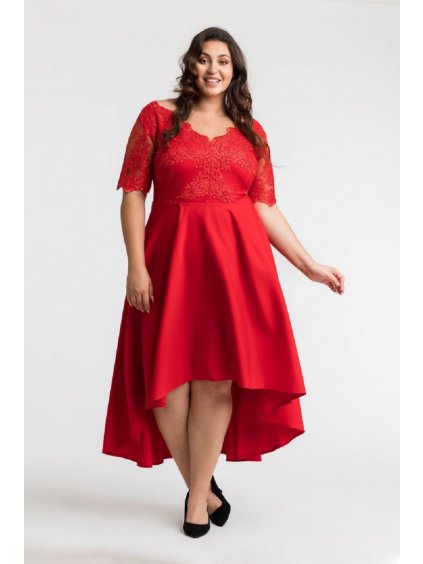 Asymetrické spoločenské čipkované šaty pre moletky Lisa červené