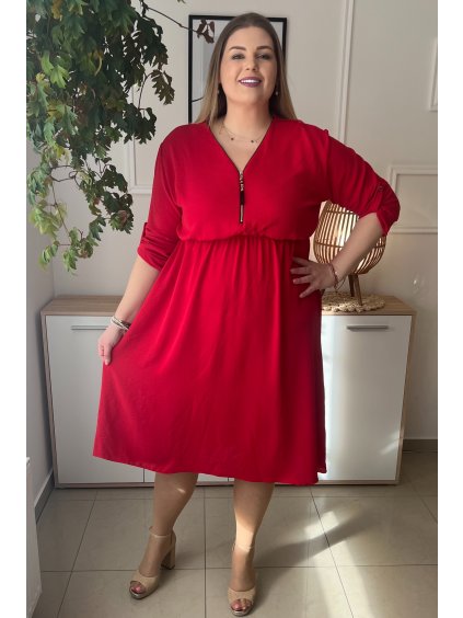 Jednoduché dámske šaty so zipsovým výstrihom pre moletky Evelin červené