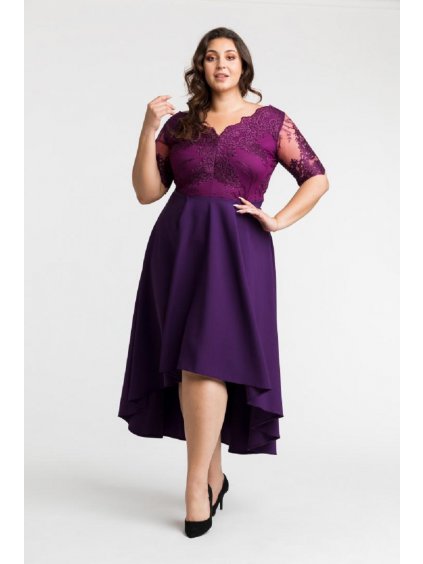 Asymetrické spoločenské čipkované šaty pre moletky Lisa fialové