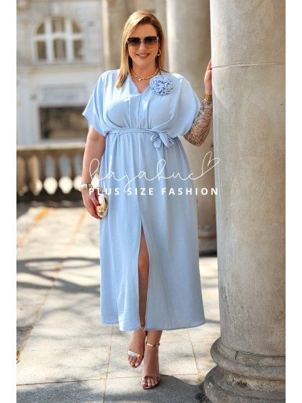 Dlhé dámske plus size šaty s opaskom Vivana modré