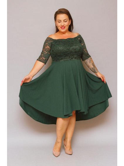 Krátke spoločenské čipkované šaty pre moletky Camille zelené s hladkou sukňou