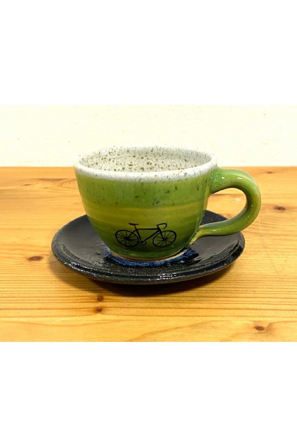 Zelenobílý malý šálek s podšálkem 50 ml - silniční kolo