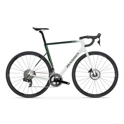 Cestný karbónový bicykel BASSO Astra disc vo farbe pop green na sade Sram Rival eTap AXS a kolesách Microtech MrLite.