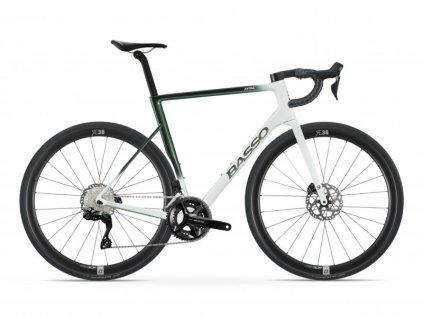 Cestný karbónový bicykel BASSO Astra disc vo farbe pop green na sade Shimano 105 Di2 a kolesách Microtech RE38.