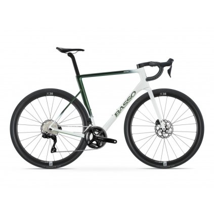 Cestný karbónový bicykel BASSO Astra disc vo farbe pop green na sade Shimano 105 Di2 a kolesách Microtech RE38.