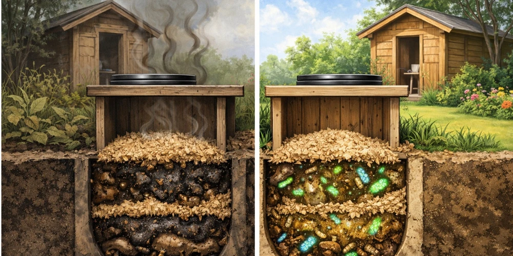 Proč latrína zapáchá i když ji zasypáváte (a jak to vyřešit)