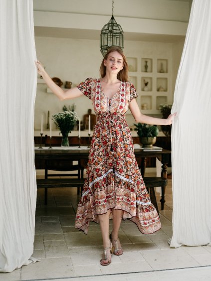 Dlouhé šaty Magdalena Hnědé s kvítky