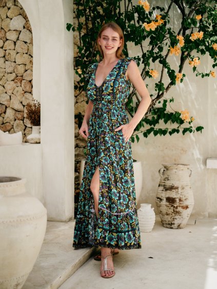 Dlouhé šaty Miki Smaragdové s květy