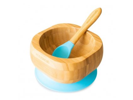 Bambusová miska s přísavkou a lžičkou hluboká 250 ml modrá