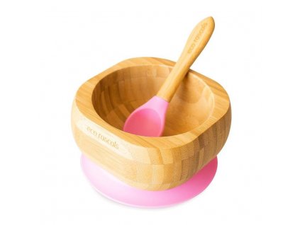 Bambusová miska s přísavkou a lžičkou hluboká 250 ml růžová