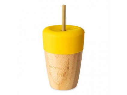 Bambusový kelímek se silikonovým víčkem a slámkou 240 ml žlutá