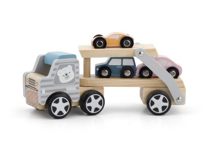 Dřevěný tahač s auty šedo bílý