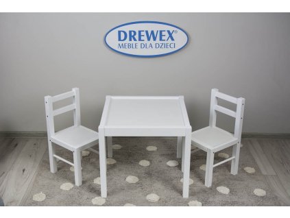 Drevený detský stôl a dve stoličky biela/biela