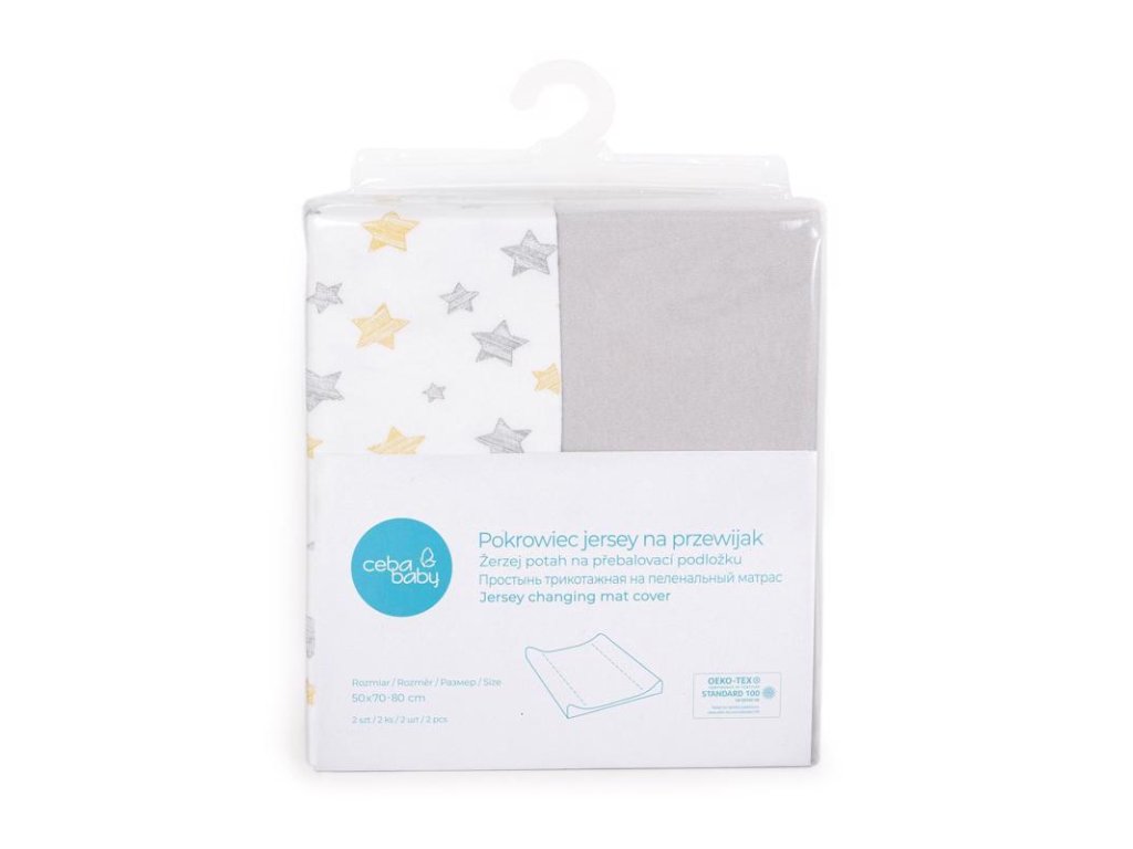 CEBA Poťah na prebaľovaciu podložku 50x70-80 cm 2 ks Light Grey+Yellow Stars