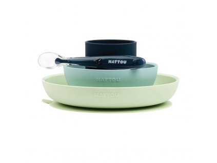 NATTOU Set jedálenský silikonový 4 ks zeleno-modrý bez BPA