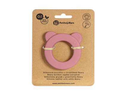PETITE&MARS Hryzačka silikónová s hrkálkou Beary Dusty Rose 0m+