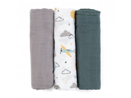 PETITE&MARS Sada plienok bambusová mušelínová 3ks Moussy Grey Planes, 68 x 68 cm