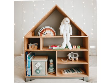 Drevená montessori domčeková polica Woodle - prírodné drevo/sivá