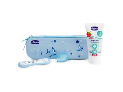 CHICCO Set zubná kefka a pasta s fluórom v puzdre Always Smiling modrá 12m+
