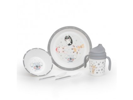INTERBABY | Jedálenský set ZVIERATKÁ +6M - sivý