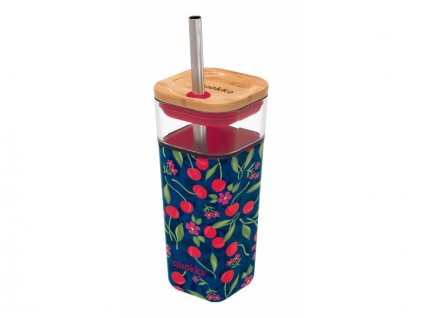 Sklenený cestovný hrnček so slamkou Liquid Cube Cherries 540 ml