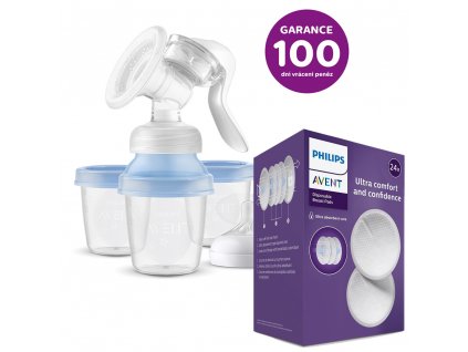Odsávačka mateř. mléka Philips AVENT manuální s VIA systémem + prsní vložky jednorázové 24 ks