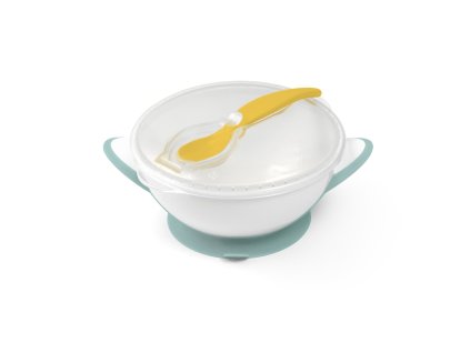 Dětská miska BABYONO uzavíratelná s přísavkou a lžičkou 300 ml 6 m+ (barva zeleno/žlutá)