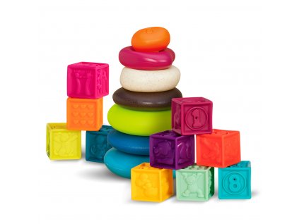 Dětské kostky B-Toys One Two Squeeze a Pyramida z kroužků