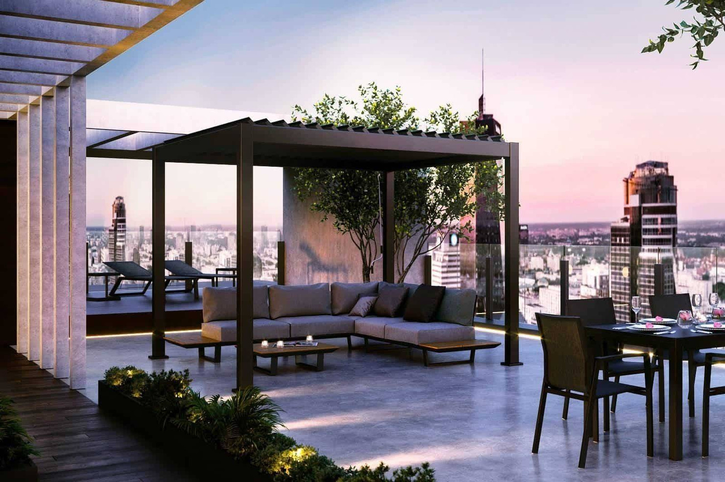 Terasová hliníková pergola s pohyblivým krytom pre modernú záhradu