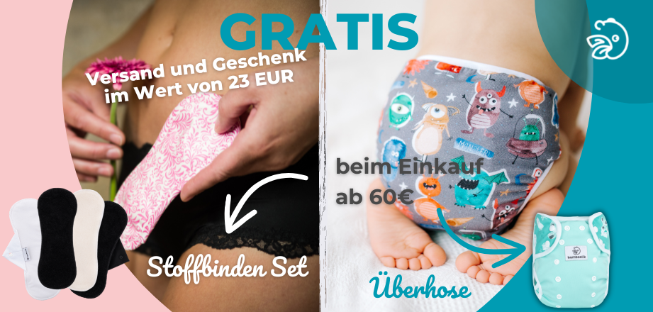 Bestelle bei uns (ab 60€) und bekomme eine Windelüberhose oder ein Bindenset im Warenwert von 23€ umsonst dazu.