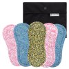 Washable Panty Liners from organic cotton with contact layer of cotton satin. Value Pack of 5 pieces, with a practical wetbag. Colour mix, velcro or snap fastening.
