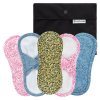 Waschbare Slipeinlagen aus Bio-Baumwolle mit Kontaktschicht aus Baumwoll-Satin. Günstiges 5-er Set, mit einer praktischen Nasstasche. Farbenmischung, mit Klettverschluss.