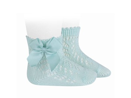 cotton openwork short socks with bow aquamarine