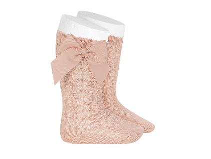 cotton openwork knee high socks with bow nude