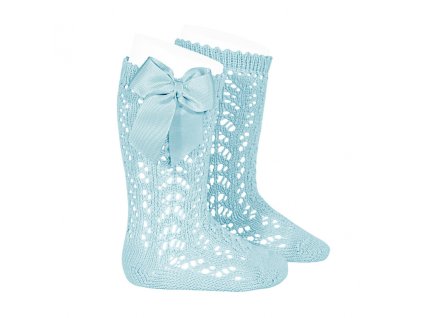 cotton openwork knee high socks with bow aquamarine