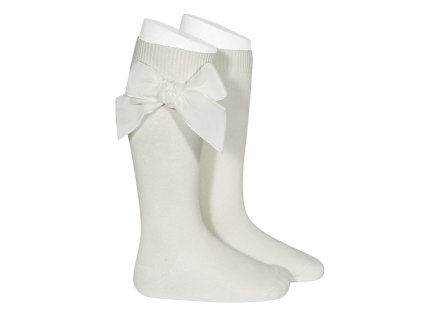 side velvet bow knee high socks beige